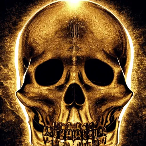 Image similar to a dark ominous chiaroscuro baroque still life photo of a ray of god light shining on a floating golden skull completely covered in ancient runic engravings inscriptions about prophecies, spells, ominous darkness background. weirdcore