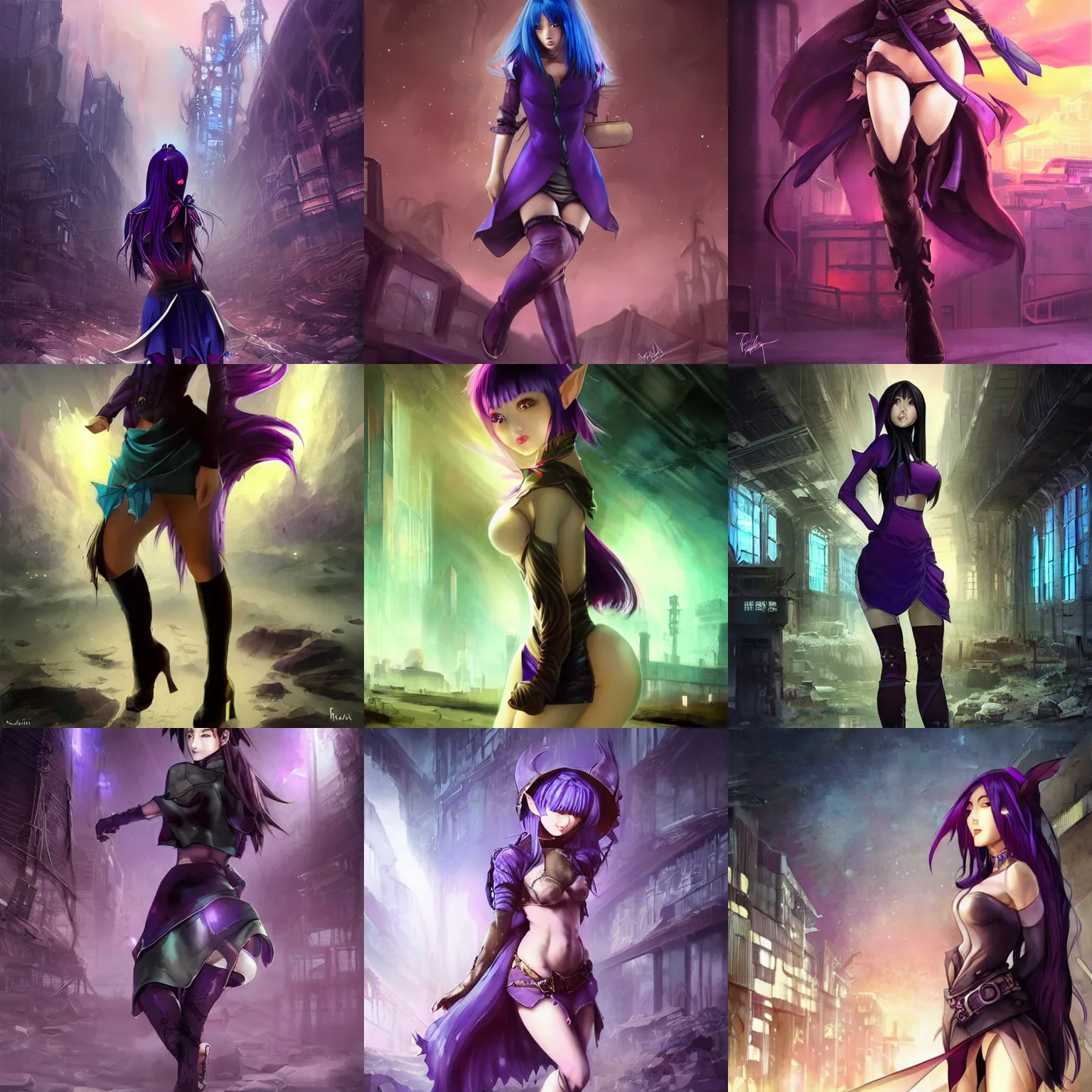 Prompt: stunning, breathtaking, awe-inspiring award-winning artwork of an attractive young asian elf woman with pointy ears and blue hair, wearing a miniskirt and knee-high boots in an endlessly sprawling desolate abandoned post-apocalyptic industrial city at night, extremely moody purple lighting, by Frank Frazetta, by Artgerm