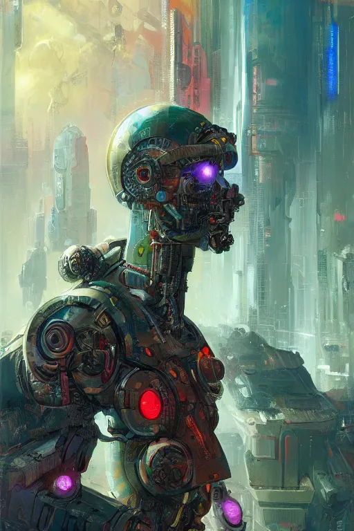 Prompt: a cyberpunk half length portrait of cyborg roman emperor, by paul lehr, jesper ejsing