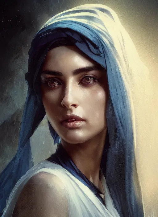 Image similar to a Photorealistic dramatic hyperrealistic render of an arab ameera al taweel, blue eyes, black hair, white veil,by WLOP,Artgerm,Greg Rutkowski,Alphonse Mucha, Beautiful dynamic dramatic dark moody lighting,shadows,cinematic atmosphere,Artstation,concept design art,Octane render,8K