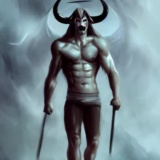 Image similar to fit male demon with white horns, young, careless, full body, still, photograph, digital painting, trending on artstation, masterpiece, in the style of JB Casacop