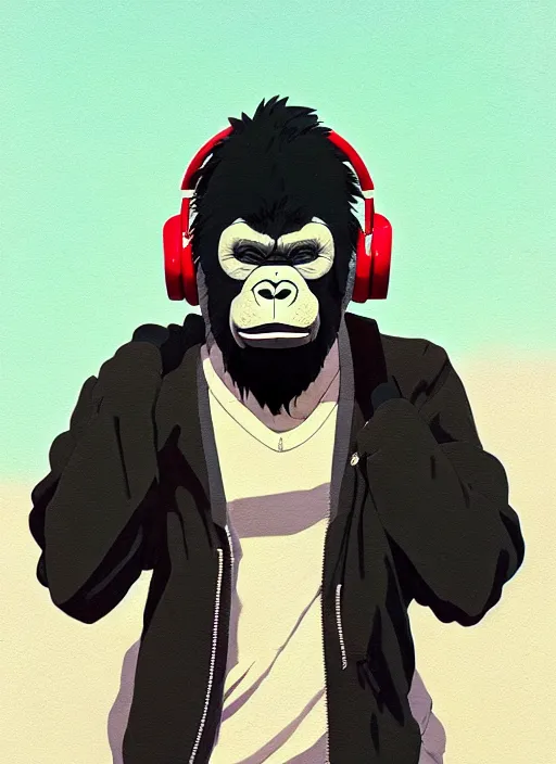 Prompt: portrait of gorilla, sunny sky background, lush landscape, illustration concept art anime key visual trending pixiv fanbox by wlop and greg rutkowski and makoto shinkai and studio ghibli and kyoto animation, symmetrical facial features, black t shit, red headphones, ripped jeans, backlit, aerodynamic frame, gta 5