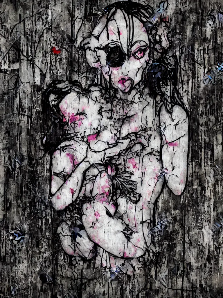 Image similar to cute fumo plush gothic black enigmatic maiden girl painted in spilt ink and washed watercolor, avant garde pop art, graffiti in an abandoned overgrown warehouse, vray