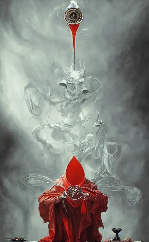 Image similar to a painting of a white robed magician behind a table, hands gesture as above so below, red mantle cup, sword, pentacle, wand, a surrealist painting by marco mazzoni, peter mohrbacher, nychos, cgsociety, neo - figurative, detailed painting, rococo, oil on canvas, seapunk, biomorphic, lovecraftian