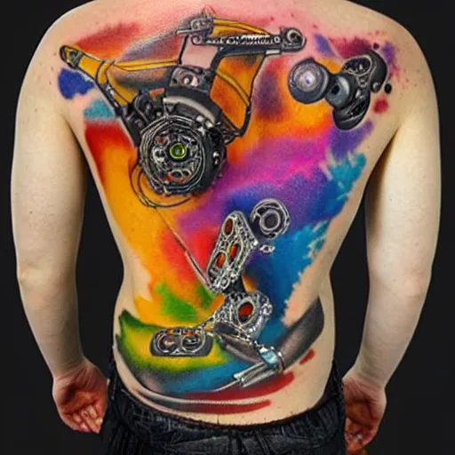 Image similar to backside on the shoulders is a tattoo of a 3 d hole in the skin with soft multicolored 3 d robotic mechanics and glowing computerparts and cables inside under the skin, insanely integrate,