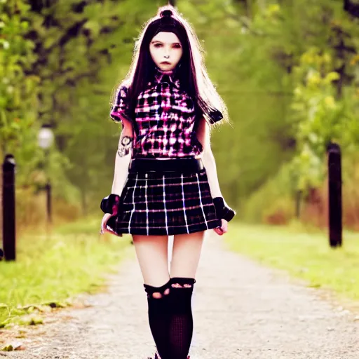 Image similar to female jade weber model teenage goth photography plaid mini skirt band shirt beautiful face, dramatic light darkroom