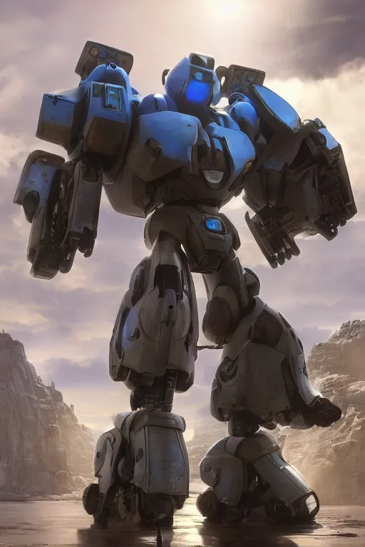 Image similar to mechwarrior 5 : mercenaries mech megaman transformer robot boss tank engine game octane render, 4 k, hd 2 0 2 2 3 d cgi rtx hdr style chrome reflexion glow fanart, global illumination ray tracing hdr fanart arstation by ian pesty by jesper ejsing pixar and disney unreal zbrush central hardmesh