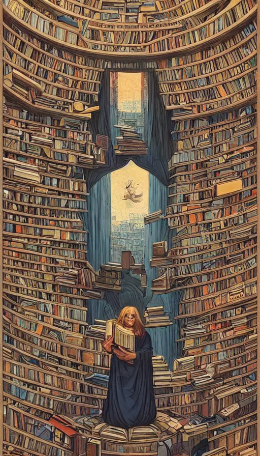 Image similar to The oracle of readers surrounded by ancient books, italian futurism, Dan Mumford, da vinci, Josan Gonzalez