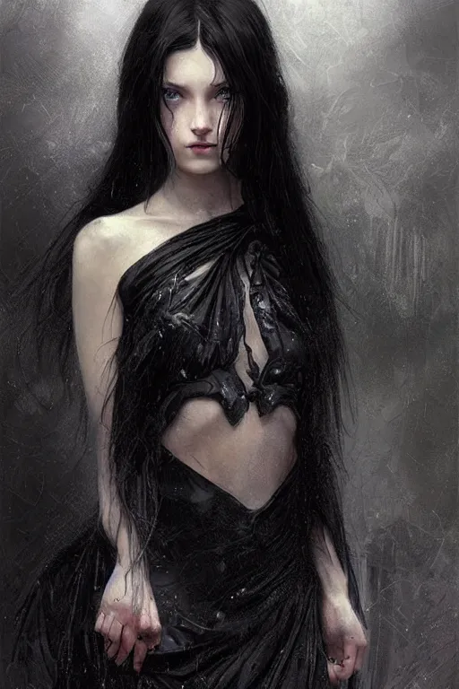 Image similar to portrait of teenage girl with glossy black hair, blue eyes, glowing porcelain skin, fashion model features, dark fantasy, dark academia, intricate, elegant, black dress, highly detailed, digital painting, artstation, concept art, smooth, sharp focus, illustration, art by Krenz Cushart and Artem Demura and alphonse mucha