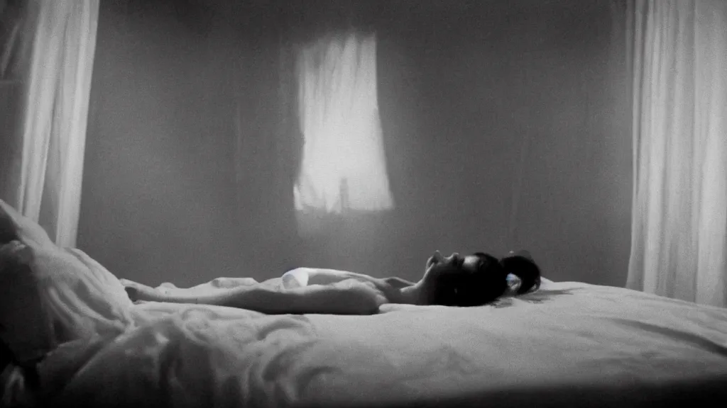 Prompt: movie still of girl having sleep paralysis a entity watching, cinematic composition, cinematic light, criterion collection, by david lynch