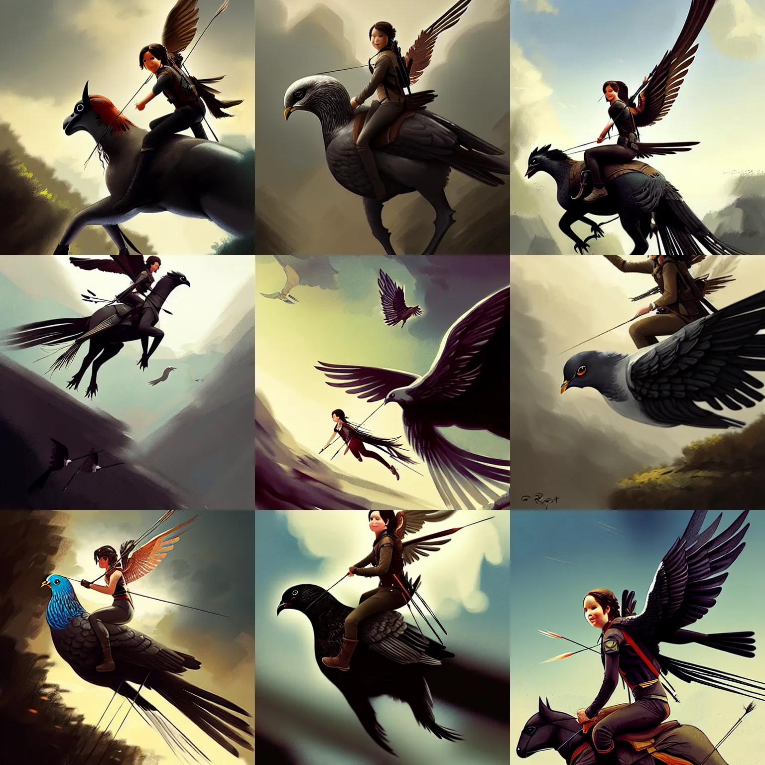 Prompt: katniss everdeen riding on the back of a giant pigeon, digital art by greg rutkowski