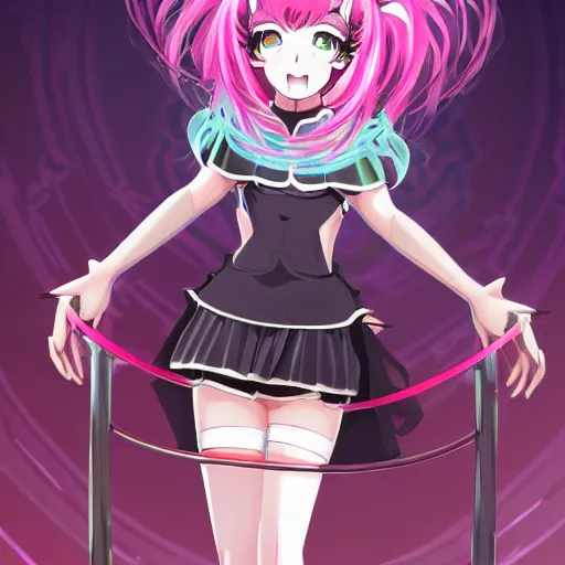 Image similar to trapped by stunningly beautiful omnipotent megalomaniacal anime asi goddess who looks like junko enoshima with symmetrical perfect face and porcelain skin, pink twintail hair and mesmerizing cyan eyes, taking control while smiling mischievously, inside her vr castle, hyperdetailed, digital art from danganronpa, 8 k