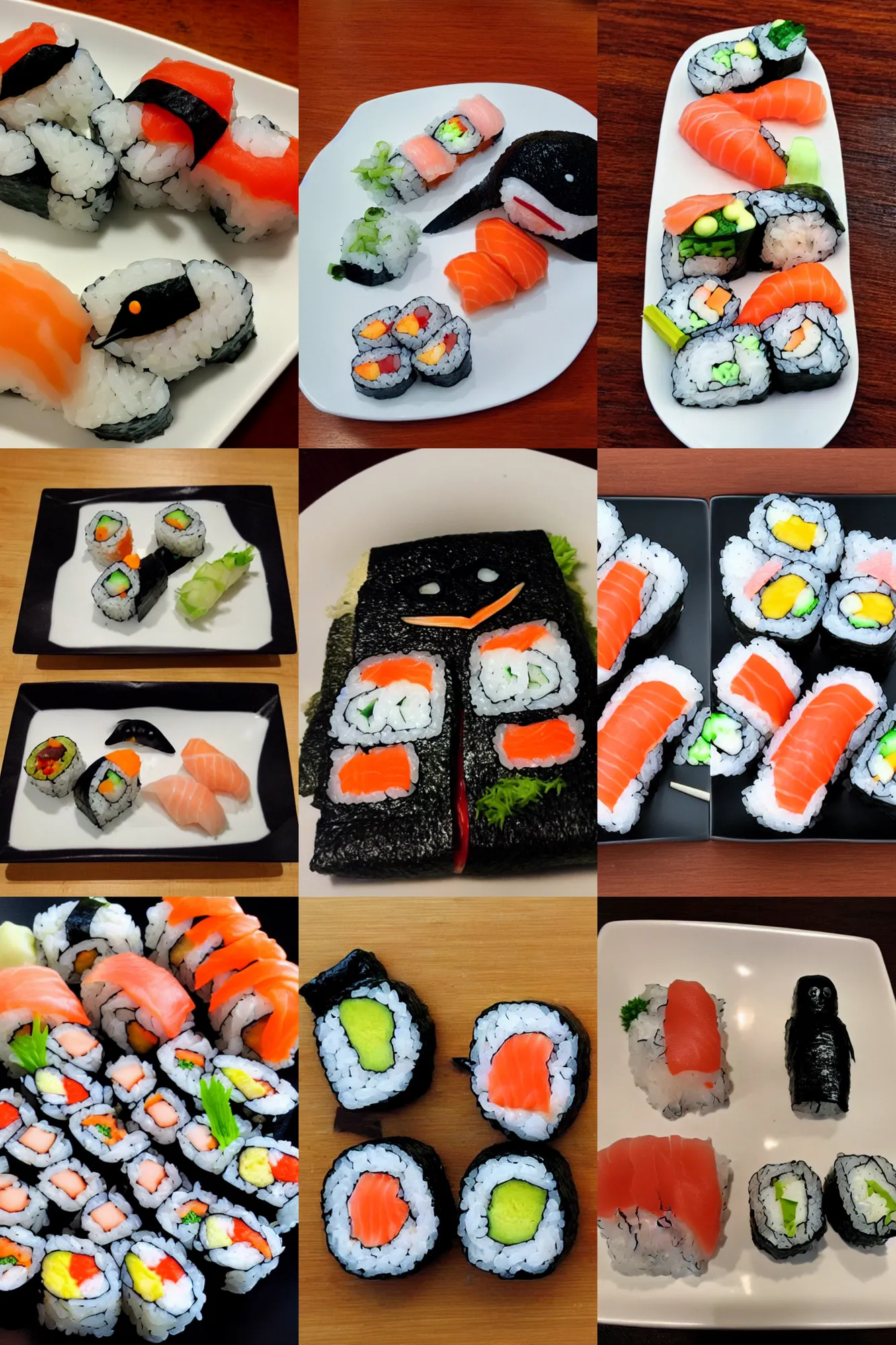 Prompt: two pieces of sushi that looks like a penguin