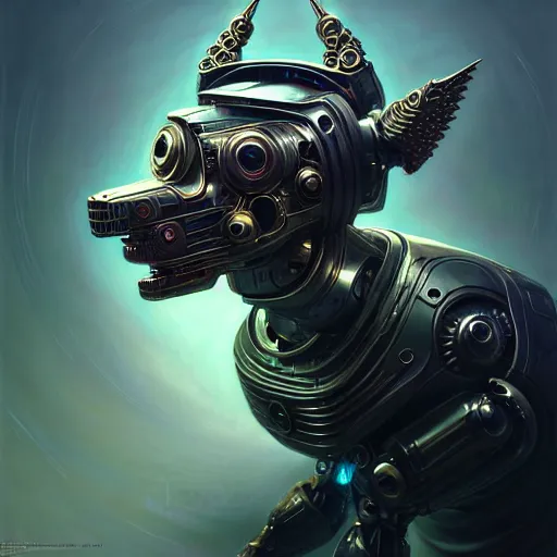 Image similar to low angle portrait shot of a cyberpunk dog robot, intricate, elegant, highly detailed, centered, digital painting, artstation, concept art, smooth, sharp focus, illustration, artgerm, Tomasz Alen Kopera, Peter Mohrbacher, donato giancola, Joseph Christian Leyendecker, WLOP, Boris Vallejo