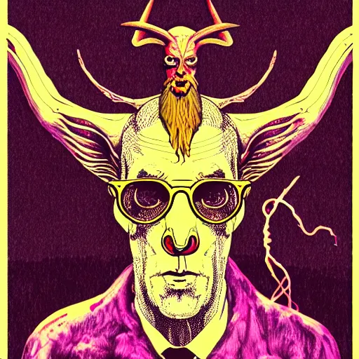 Image similar to graphic illustration, creative design, baphomet, biopunk, francis bacon, highly detailed, hunter s thompson, mixed media