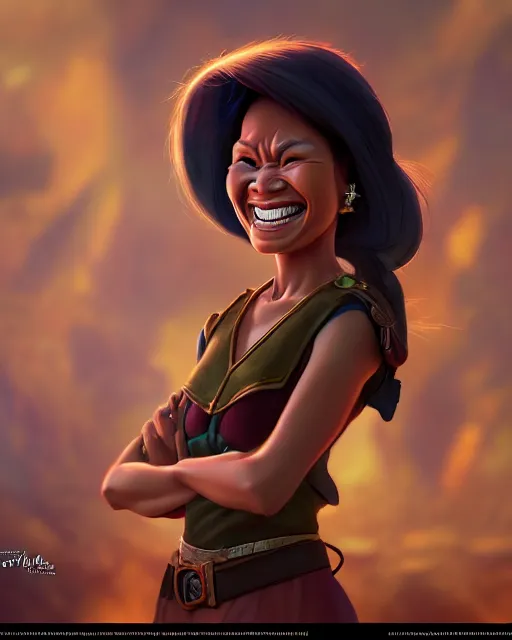 Prompt: laughing heavy - set filipina woman character portrait, by don bluth, sci - fi environment, highly detailed, dynamic shadows, 4 k, wallpaper - 1 0 2 4