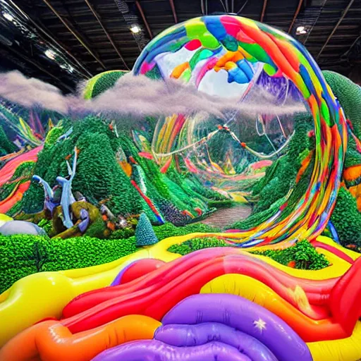 Prompt: inflatable landscape with forest, river and mountains in the middle of the frame colossal balloon statue surrounded by colorful ribbons and party confetti , concept art, huge scale, high detail, sci fi by James Jean