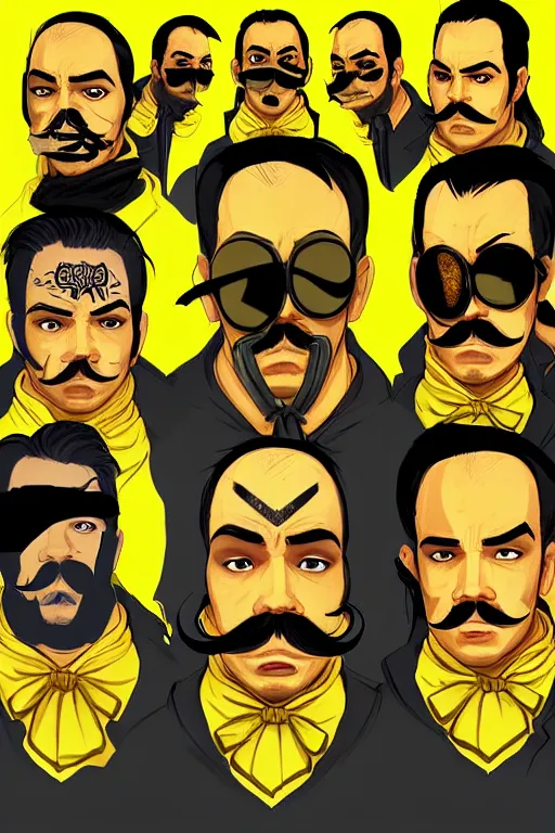 Image similar to gang saints wear yellow bandanas, and some of them have thick mustaches, concept art, pop art style, dynamic comparison, proportional, bioshock art style, gta chinatowon art style, hyper realistic, face and body features, without duplication noise, complicated, sharp focus, intricate, concept art, art by argerm dan richard hamilton