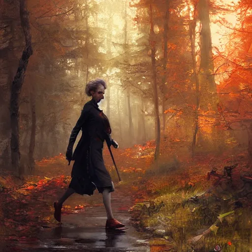 Image similar to marie curie walking in the woods digital art by ruan jia and mandy jurgens and artgerm, highly detailed, trending on artstation, award winning