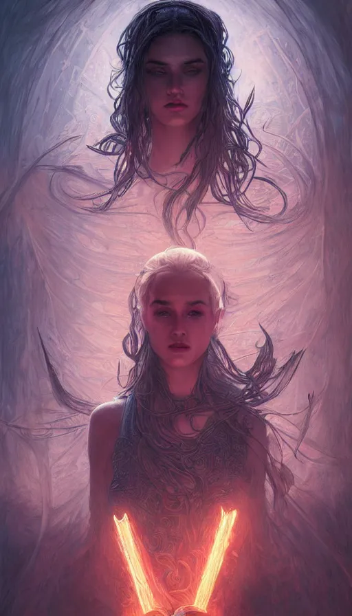 Prompt: death, fame of thrones, lord of daggers, neon, fibonacci, sweat drops, intricate fashion clothing, insane, intricate, highly detailed, surrealistic, digital painting, artstation, concept art, smooth, sharp focus, illustration, Unreal Engine 5, 8K, art by artgerm and greg rutkowski and alphonse mucha