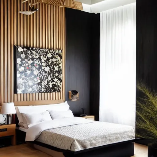 Image similar to bedroom, interior design, stylish luxury hotel bedroom design, yakisugi, black vertical slatted timber, textures, feminine, black walls, art, Japanese pottery vase with flowers, kakejiku Japanese scroll, seasonal, Japanese influences