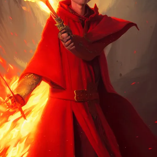 Image similar to middle adged blonde male elf wizard in red robes, surrounded by fire, epic wallpaper, high fantasy, trees, intricate detail, digital painting, artstation, concept art, smooth, sharp focus, illustration, art by greg rutkowski and wlop and raymond swanland and ross tran