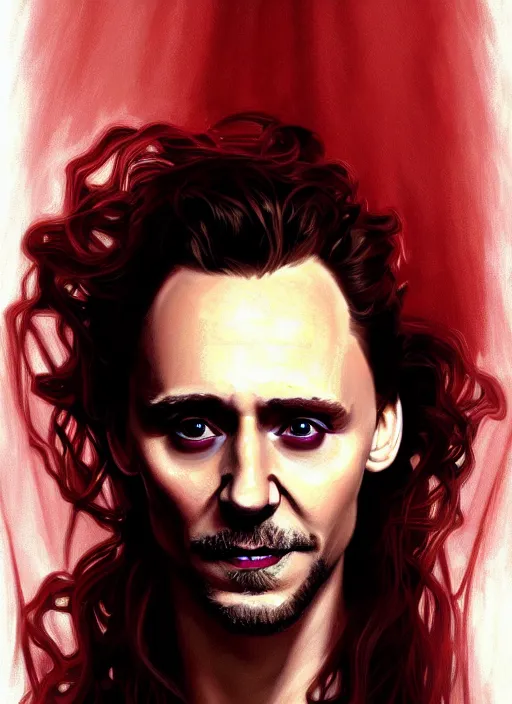 Image similar to portrait of tom hiddleston as a sultry vampire lord, crimson peek, jewelry, greek, ruby, intricate, headshot, highly detailed, digital painting, artstation, concept art, sharp focus, cinematic lighting, illustration, art by artgerm and greg rutkowski, alphonse mucha, cgsociety