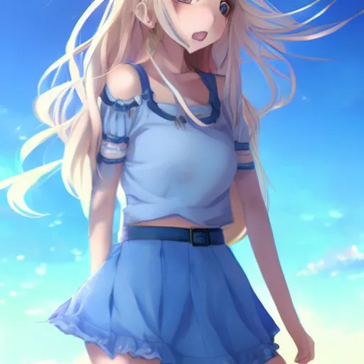 Image similar to a very beautiful anime cute girl, full body, long wavy blond hair, sky blue eyes, full round face, short smile, tight top, miniskirt, front view, medium shot, mid-shot, highly detailed, cinematic wallpaper by Stanley Artgerm Lau