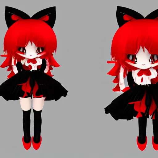 Prompt: cute fumo plush of a cat girl in a gothic dress, dark red and black, ruffled tassels and ribbons, soft shadow, cel shading, vray