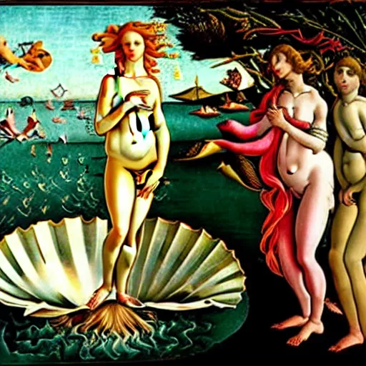 Prompt: birth of venus all people are frogs in the style botticelli, 8 k, oil painting,