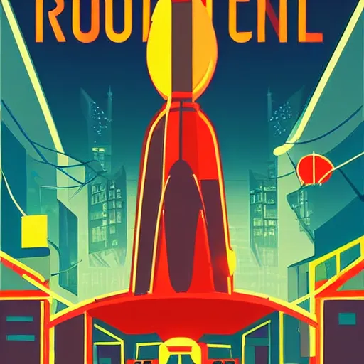 Prompt: rocket standing on a street in the middle of a cyberpunk city, neon signs, 1 9 6 0 s poster, psychedelic, minimalism, clouds, night time, dramatic lighting, flat design, flat colors, in the style of a soviet propaganda poster