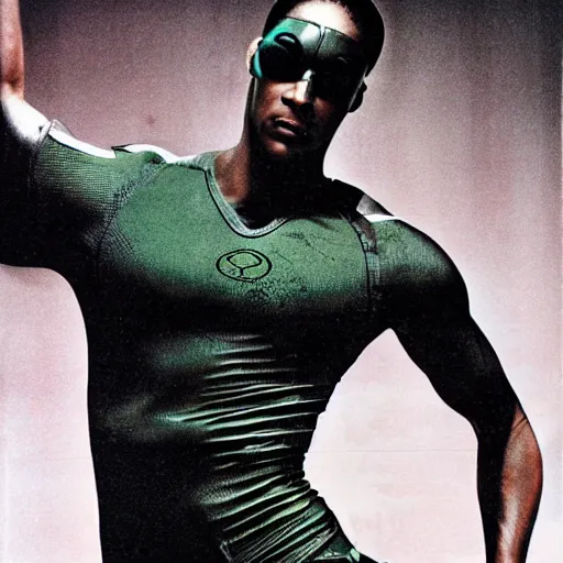 Image similar to Trinity the matrix, running as a sprinter athletic attire with cyborg legs, diesel punk, athletic footage, 1980's, olympics, cinematic, art deco