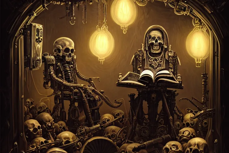 Prompt: Mechanicus Tech-Priest reading an old book in a room decorated with skulls, fantasy, sci-fi, intricate, elegant, dramatic lighting, emotionally evoking symbolic metaphor, highly detailed, lifelike, photorealistic, digital painting, artstation, concept art, smooth, sharp focus, illustration, art by John Collier and Albert Aublet and Krenz Cushart and Artem Demura and Alphonse Mucha