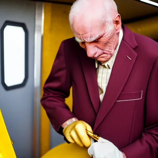 Image similar to wrinkled hunchbacked old man in musty burgundy suit, polishing painting the side of a gold plated mega yacht with a cloth, maintenance photo, wide angle