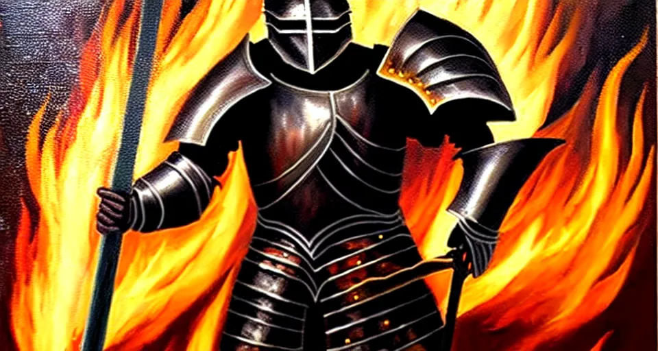 Image similar to An oil painting of a knight in dark metal armor wielding a flaming sword