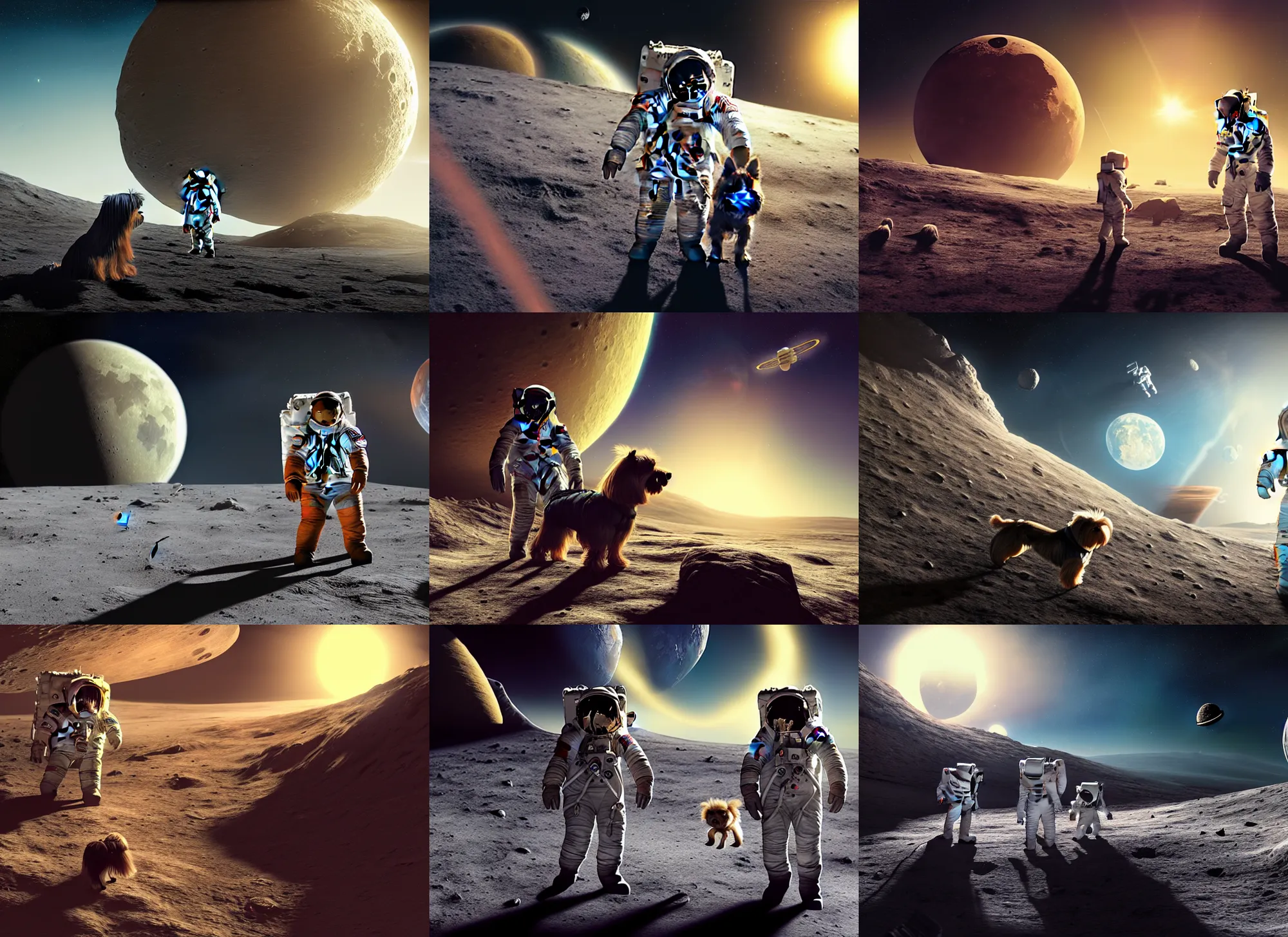 Prompt: one astronaut with his daughter and their yorkshire terrier on the moon, beautiful dynamic lighting, cinematic, wide angle establishing shot, extremely high detail, photo realistic, cinematic lighting, post processed, concept art, artstation, matte painting, style by frederic church, raphael lacoste, unreal engine 8 k