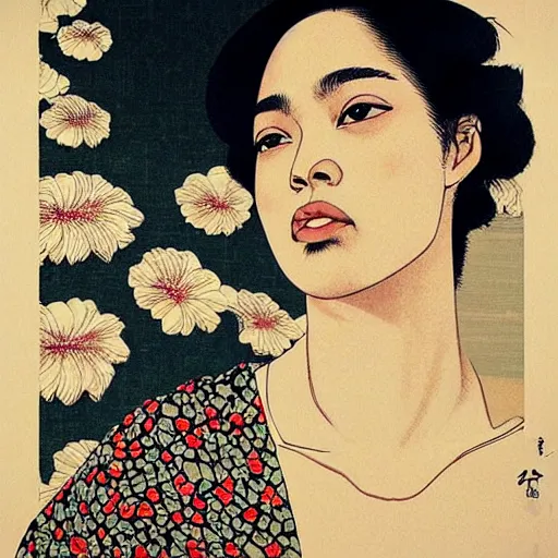 Image similar to “ tessa thompson portrait by ikenaga yasunari and ayana otake and ko rakusui, 6 0 s poster, drawing, realistic, sharp focus, japanese, dreamy, nostalgia, faded, golden hues, floral clothes, porcelain skin ”