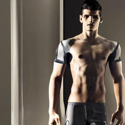 Image similar to a realistic detailed photo of a guy who is an attractive humanoid who is half robot and half humanoid, who is a male android, soccer player alvaro morata, shiny skin, posing like a statue, blank stare, in a living room, on display, showing off his muscles, with a twin