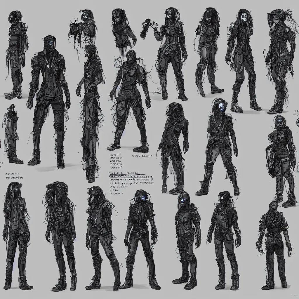 Image similar to character reference sheet for a cyberpunk noir styled druid, detailed