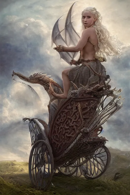 Image similar to A fantasy book style portrait painting of Daenerys Targaryen, as a Mystical Valkyrie, she is pushing a pram, there is a small dragon inside the pram, Atlantean Warrior, François Boucher, Oil Painting, unreal 5, DAZ, hyperrealistic, octane render, Regal, Refined, Detailed Digital Art, RPG portrait, William-Adolphe Bouguereau, Michael Cheval, Walt Disney (1937), Steampunk, Volumetric Golden dappled dynamic lighting, Highly Detailed, Cinematic Lighting, Unreal Engine, 8k, HD