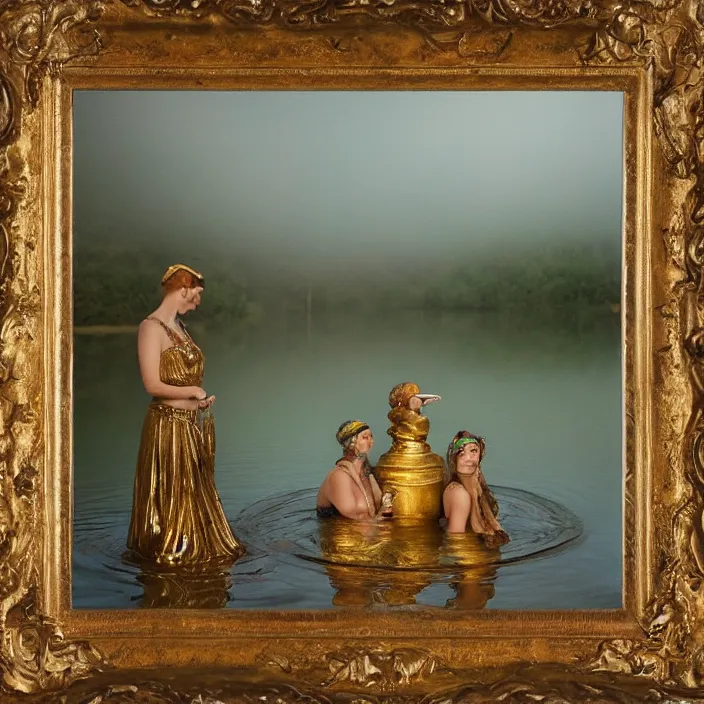 Image similar to a closeup portrait of a three women wrapped in gold, the three dates, three sirens, standing next to a levitating turquoise orb, in a misty pond, color photograph, by vincent desiderio, canon eos c 3 0 0, ƒ 1. 8, 3 5 mm, 8 k, medium - format print