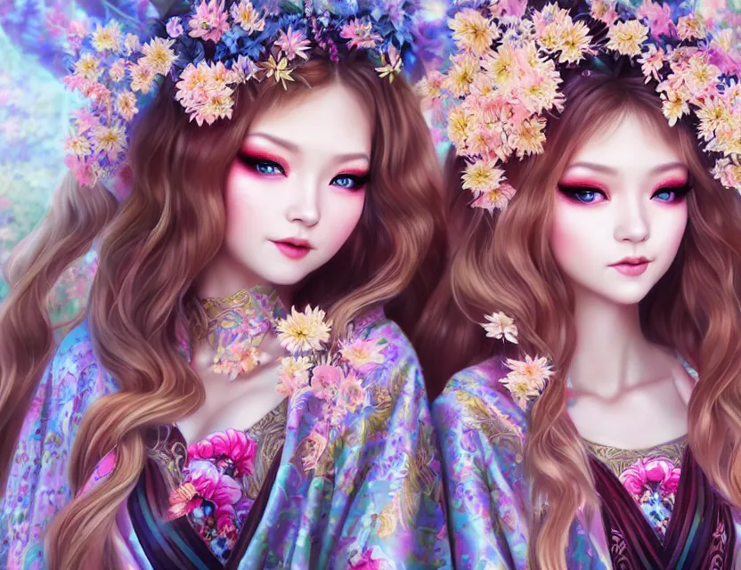 Image similar to two beautiful fashion siberian girls wear fantasy kimono in festival | | big eyes, sunny, dreamlike art, realistic shaded, smile, good looking, hyper details, 4 k realistic, cryengine, realistic shaded lighting poster by artgerm, ross tran, fuji choko, loish, 8 k resolution, trending on artstation, luxury