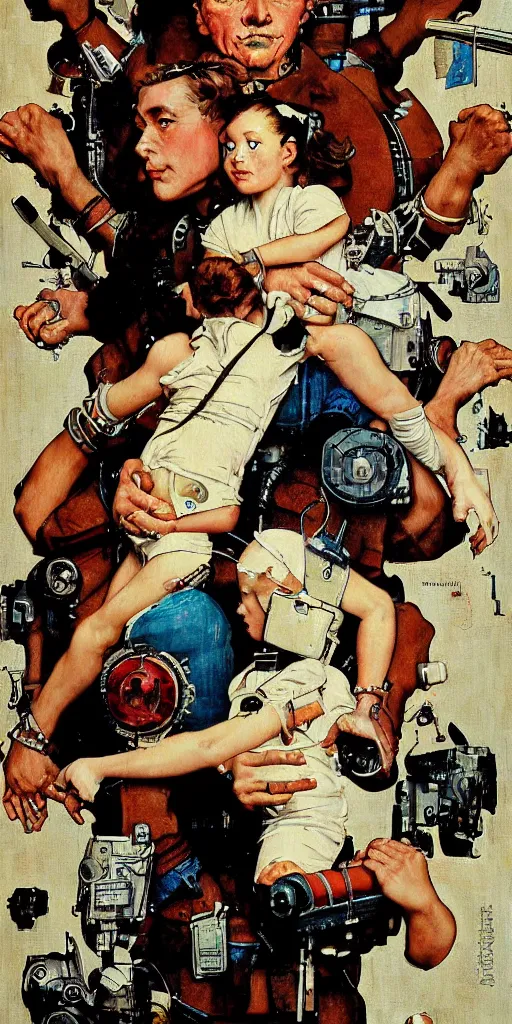 Image similar to Cyborg AI painting a portrait of it self. Norman Rockwell style. Ultra-high details.