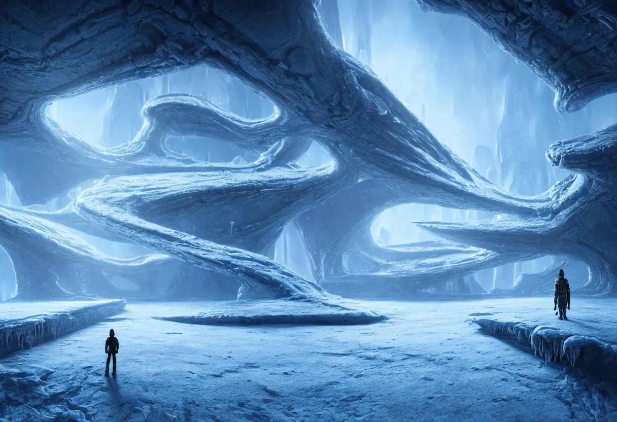 Image similar to inside of alien frozen landscape of human mind and imagination, matte painting, beautiful render, octane render, concept art