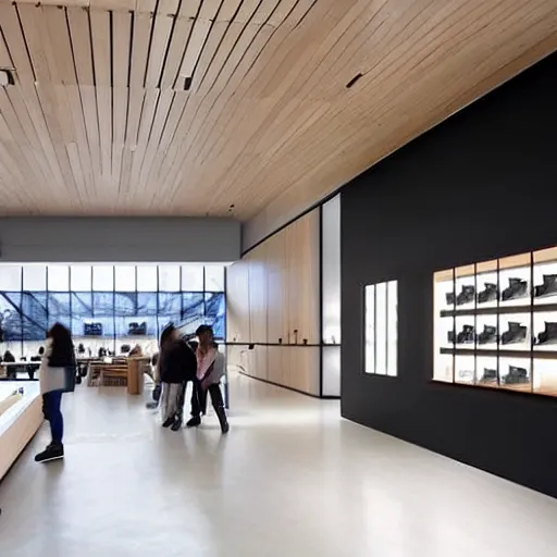 Prompt: (((2030s Samsung Microsoft Apple flagship store interior, wood, concrete, black walls, muted colors.))) by Jean-Baptiste Monge !!!!!!!!!!!!!!!!!!!!!!!!!!!