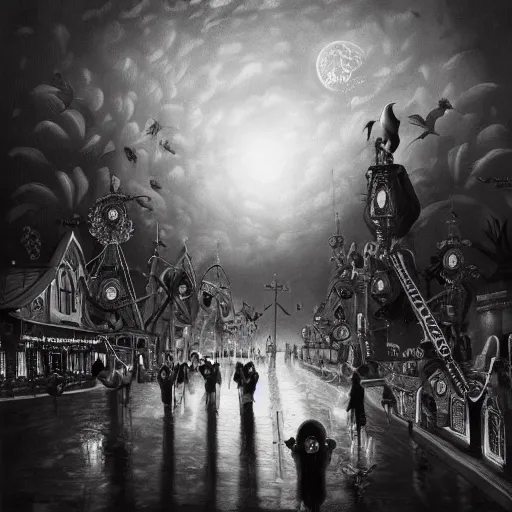 Prompt: ultra realist soft painting of a curiosities carnival by night, horror, omnious sky, symmetry accurate features, very intricate details, black and white, volumetric light clouds