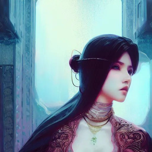 Prompt: feminine nicolas cage in intricate clothing by ross tran, walking in a castle painted by sana takeda, rtx reflections, very high intricate details, digital anime art, medium shot, mid - shot, composition by ilya kuvshinov, lighting by greg rutkowski