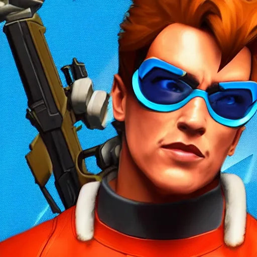 Image similar to a screenshot of arnold schwarzenegger as tracer in overwatch