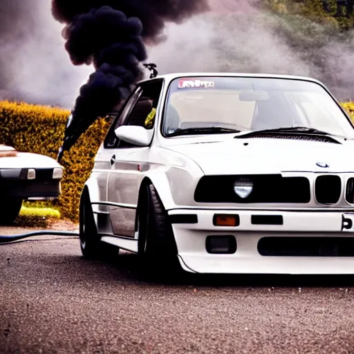 Prompt: greta thunber with a bmw m 3 e 3 0 in the background, spewing black smoke from it's exhaust