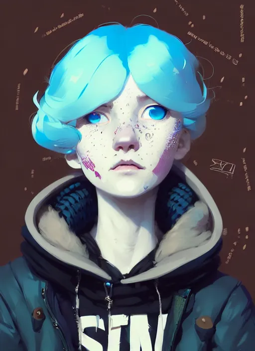 Prompt: highly detailed portrait of a sewer punk lady student, blue eyes, puffy jacket, white hair by atey ghailan, by greg rutkowski, by greg tocchini, by james gilleard, by joe fenton, by kaethe butcher, gradient blue, black, brown and cyan color scheme, grunge aesthetic!!! ( ( graffiti tag wall background ) )